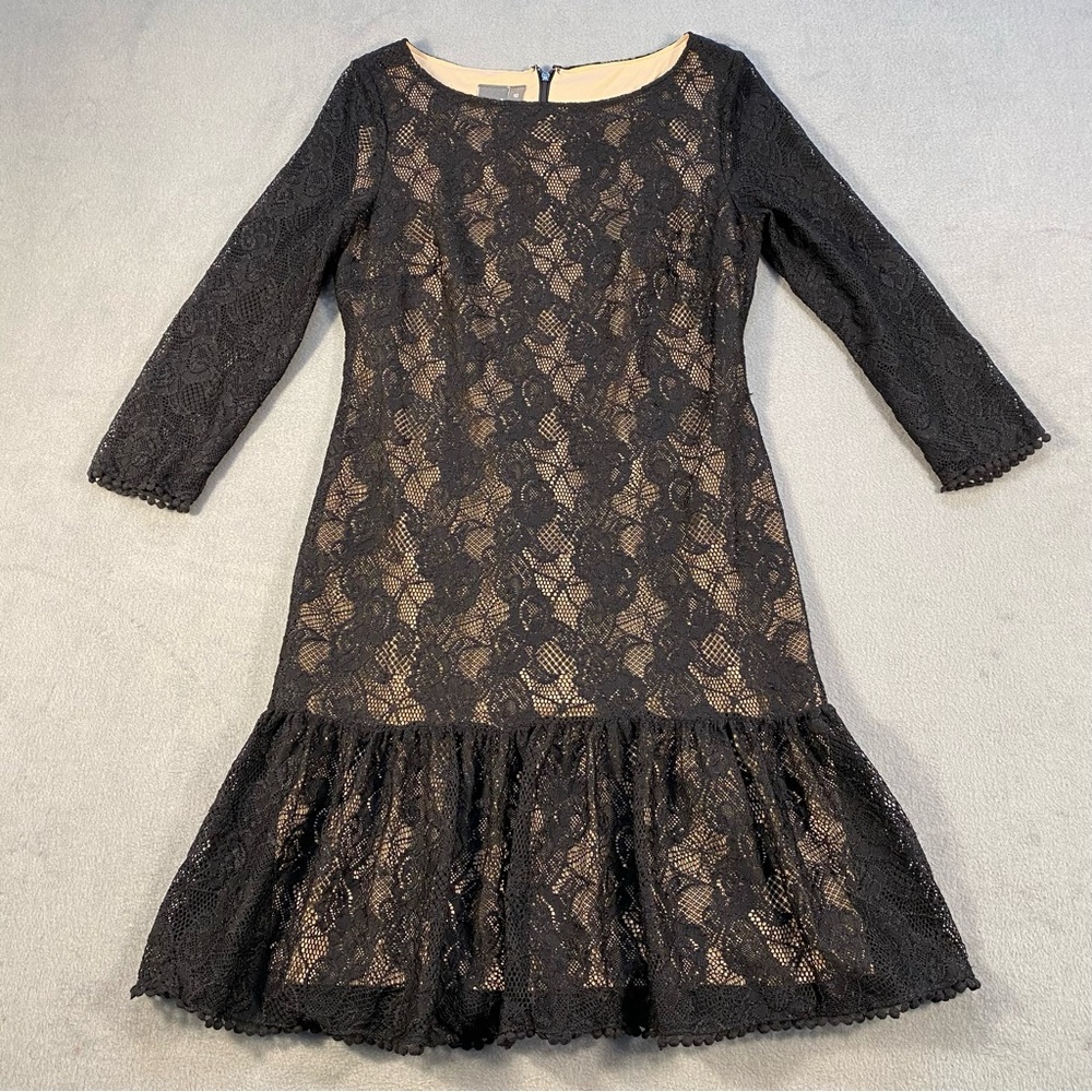 Muse Women’s Black Lace Drop-Waist Dress, 3/4 sleeves, back zipper, lined, 10